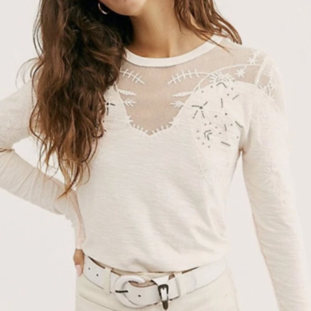 Free People Micha Embellished Mesh Inset Long Sleeve Top XS
